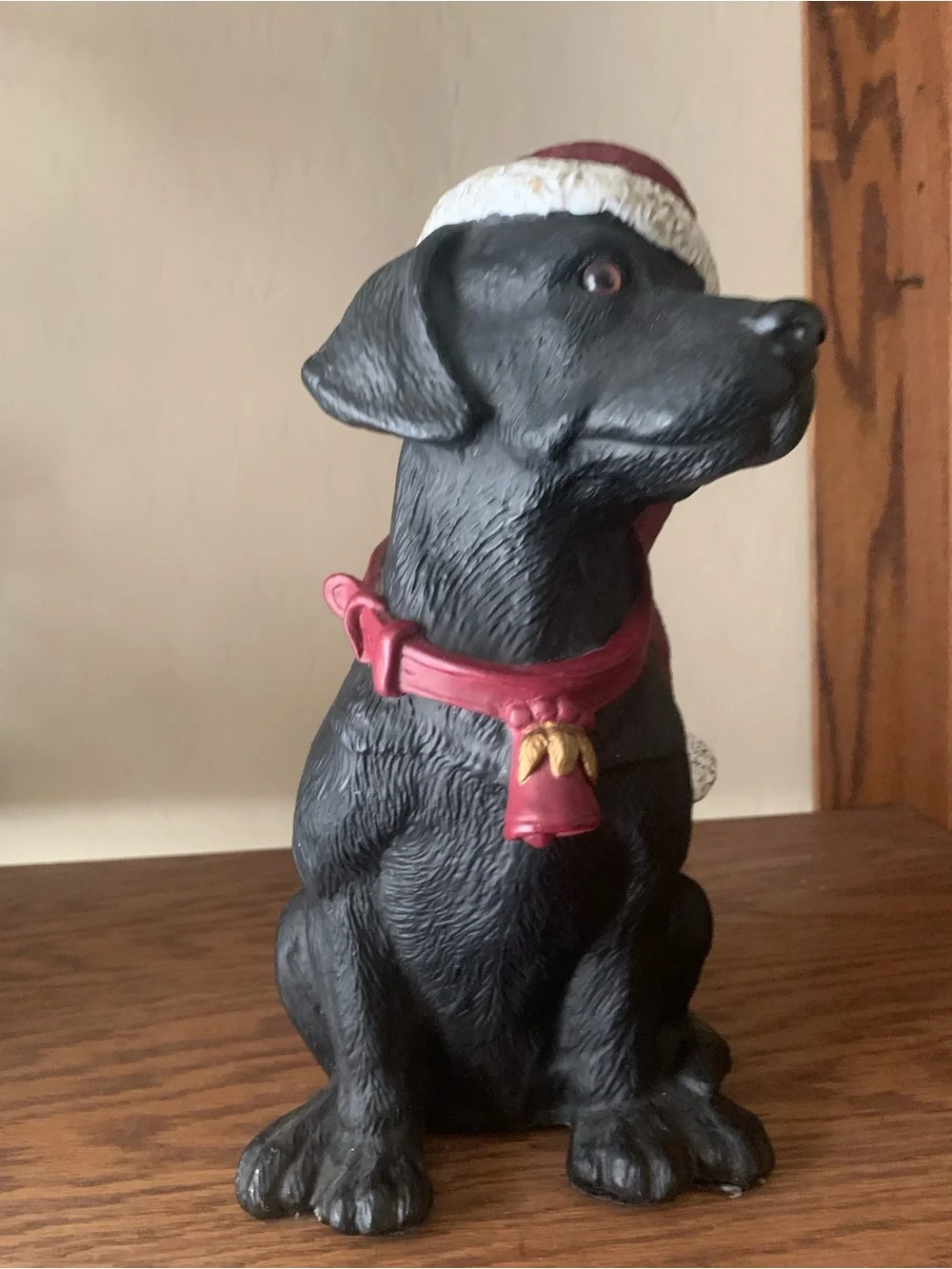 Black Labrador Figurine with Red Holiday Hat - Decorative Pet Decor